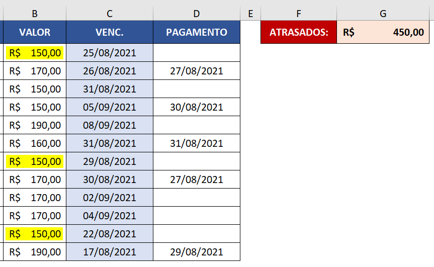 Soma dos valores de pagamentos atrasados usando a função SOMASES