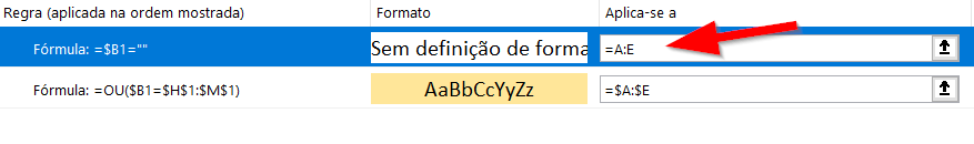 Alterando a abrangência da regra de células vazias para a linha inteira