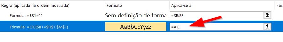 Alterando a abrangência da regra para todas as colunas