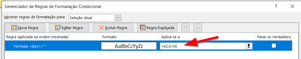 Alterando a abrangência da regra para um intervalo de células