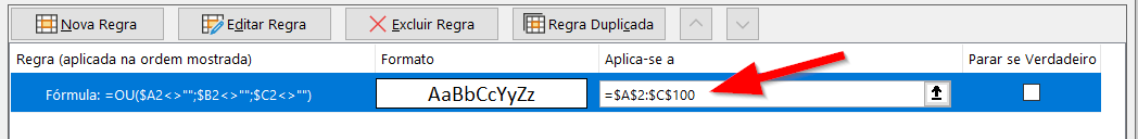 Alterando a abrangência da regra para um intervalo de colunas