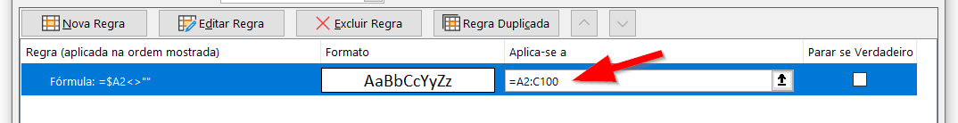 Alterando a abrangência da regra para um intervalo de três colunas