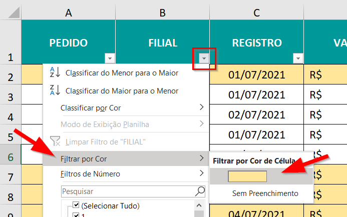 Aplicando um filtro de cor para a coluna de filiais