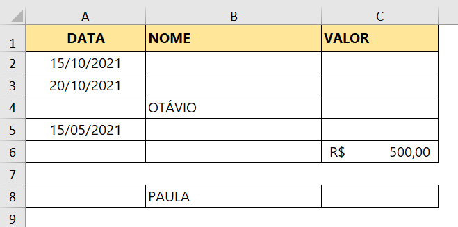 Formatação condicional analisando o preenchimento das células de qualquer coluna