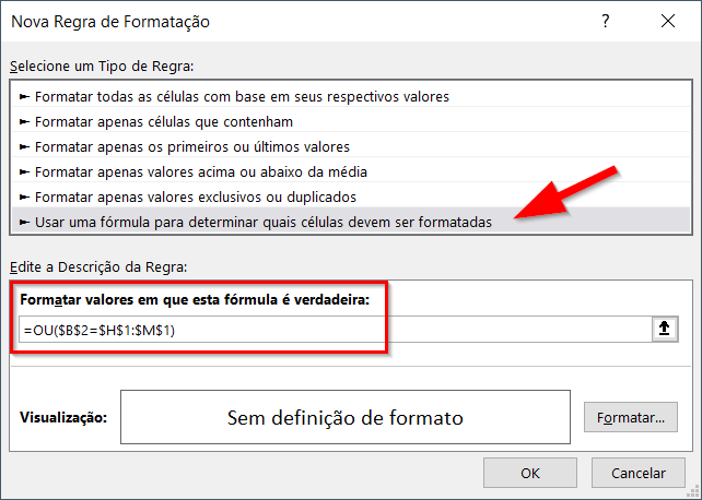 Usando uma fórmula com a função OU para destacar números individuais