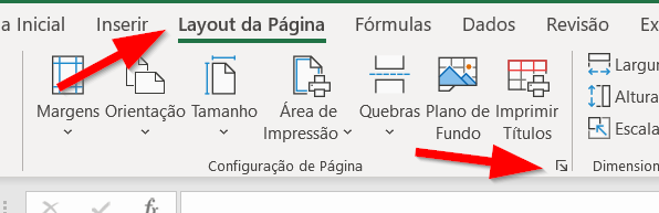 Acesse a caixa de diálogo do grupo Configuração de Página