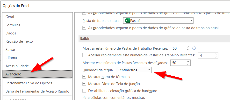 Altere a unidade de medida padrão do Excel