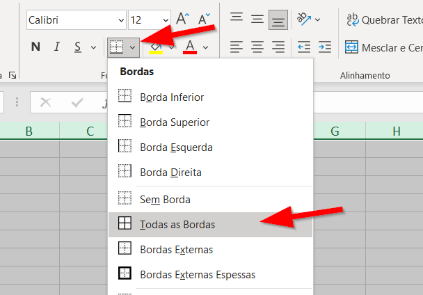 Clique na ferramenta Bordas e depois em Todas as Bordas