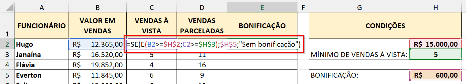 Função E dentro da função SE para obter resultados personalizados