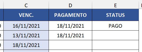 Primeira fórmula exibindo o status do primeiro pagamento