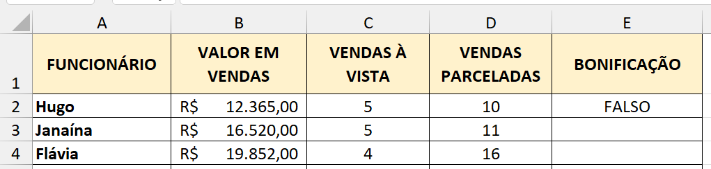 Primeiro exemplo com a função E aplicada