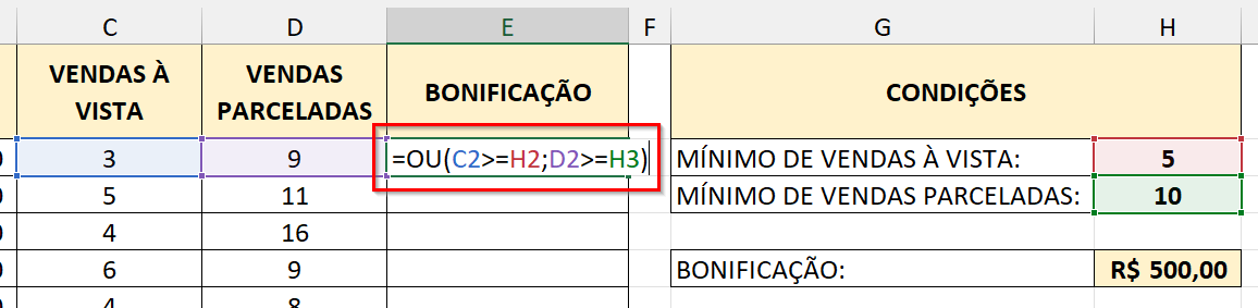 Sintaxe da função OU para testar duas condições