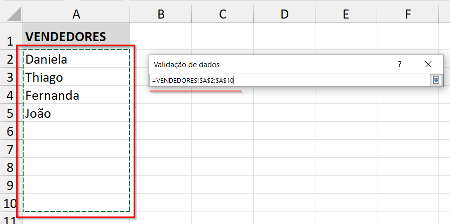 Alterando o intervalo de dados da lista suspensa