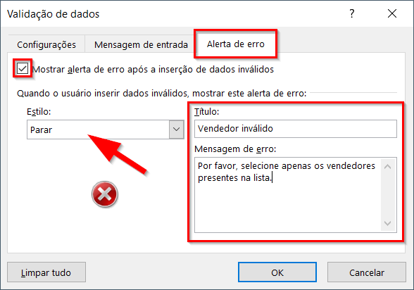 Configurações de alerta de erro na validação de dados