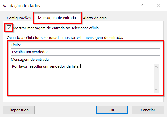 Configurações de mensagem de entrada na validação de dados