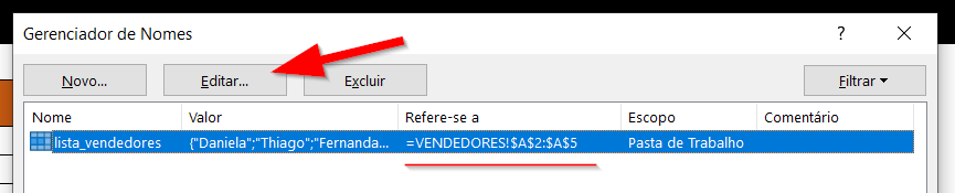 Nome definido sendo exibido no Gerenciador de Nomes