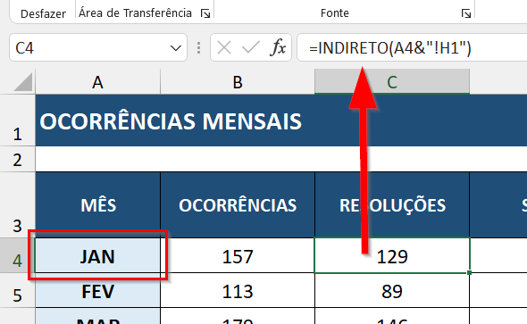 Segundo exemplo da função INDIRETO