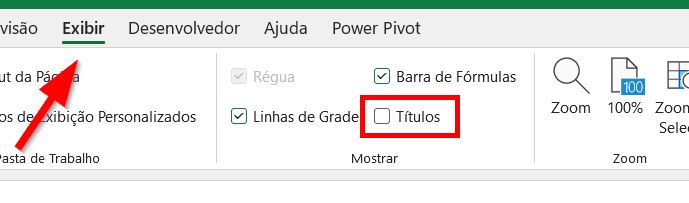 Clique na guia Exibir e acesse a opção Títulos