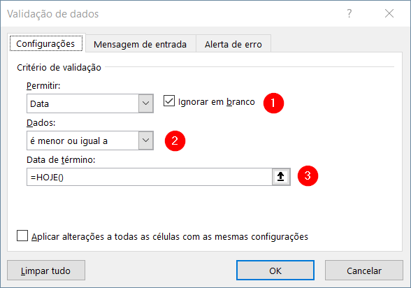 Configurações de validação de dados para datas futuras