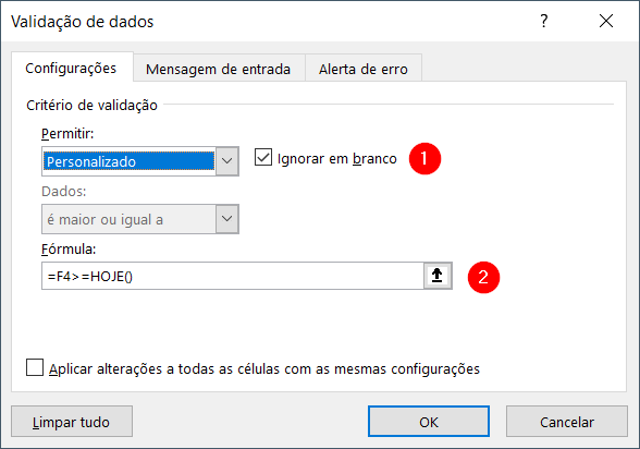 Configurações de validação de dados para datas passadas