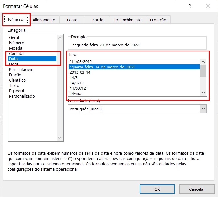 Formatos de datas da categoria Data