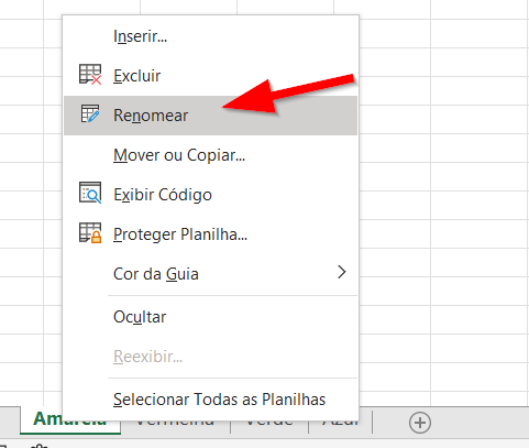 Clique com o botão direito sobre a planilha e depois em Renomear