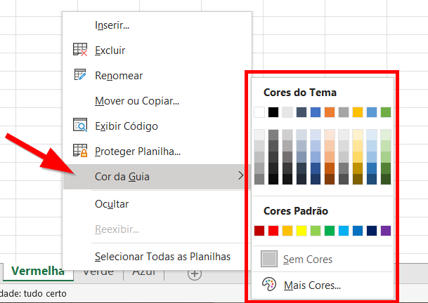 Clique em Cor da guia para alterar a cor da guia de planilhas