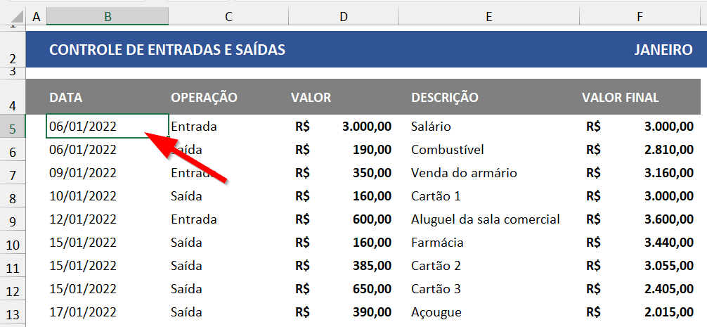 Clique na primeira célula da primeira linha a ser testada