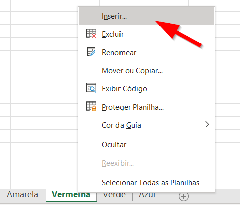 Clique no botão Inserir para inserir uma nova planilha à direita