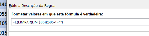 Fórmula testando as linhas ímpares de células preenchidas