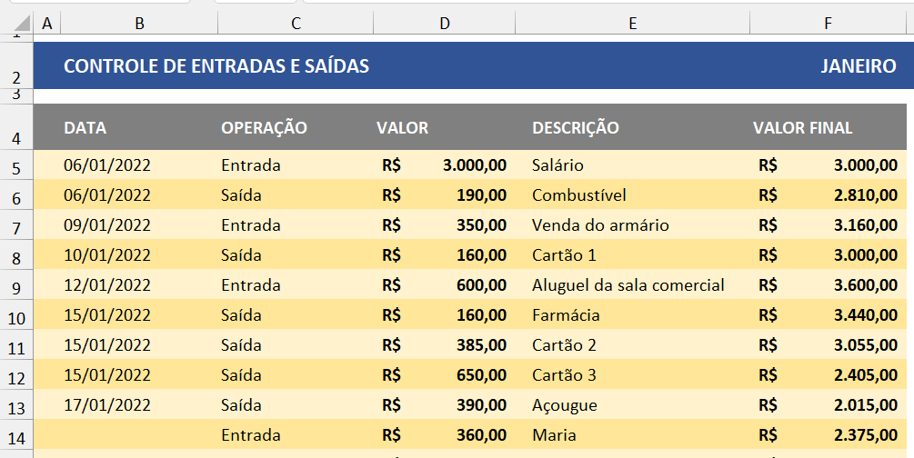 Planilha com linhas de cores alternadas