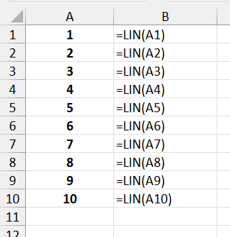 Exemplo de sequência numérica criada com a função LIN
