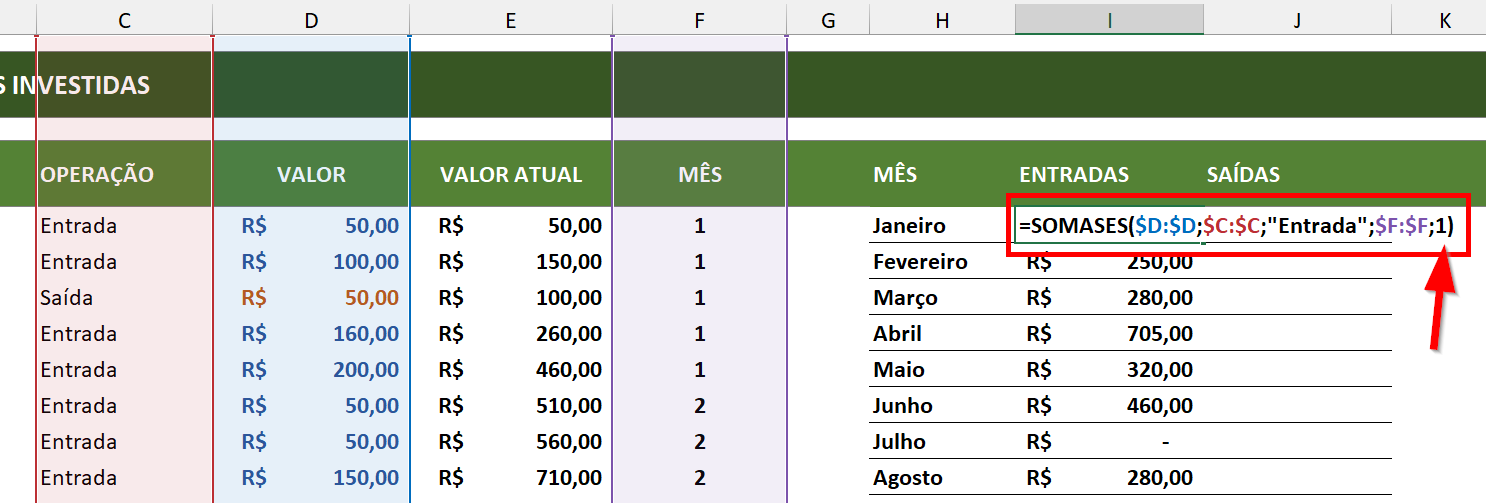 Maneira usual de calcular as somas usando o número do mês como referência