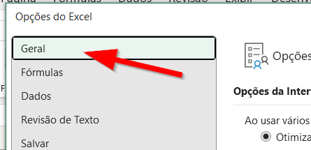 A opção Geral deve estar selecionada