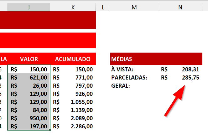 Cálculo da média de despesas parceladas