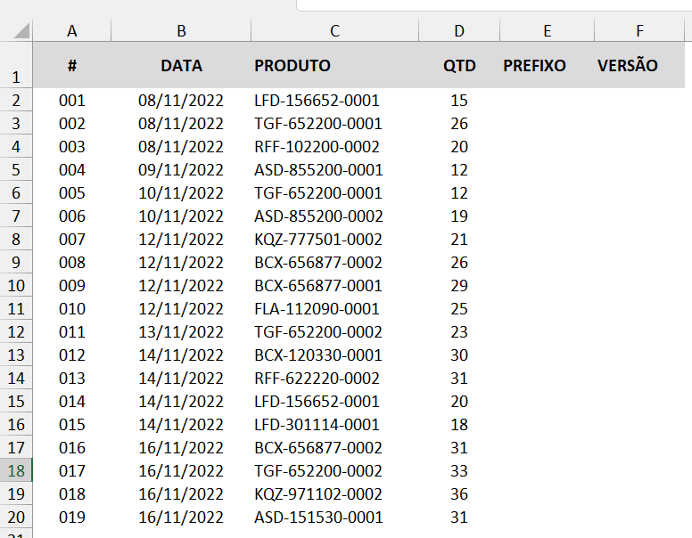 Exemplo de planilha para extração de caracteres