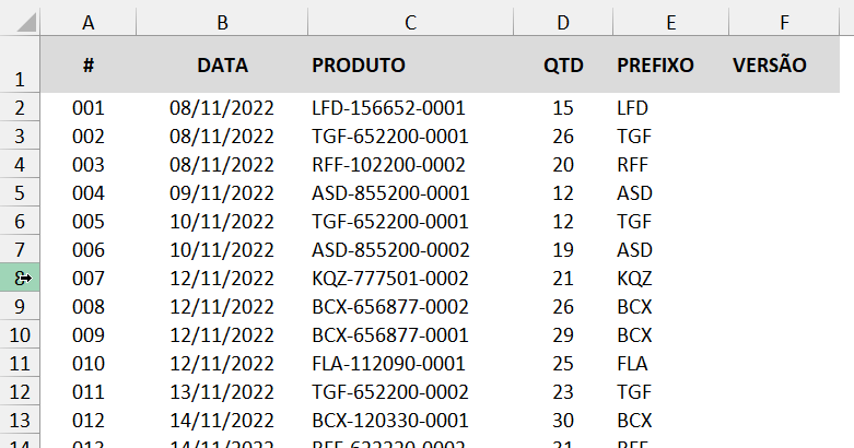 Prefixos extraídos com a função ESQUERDA