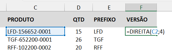 Sintaxe da função DIREITA