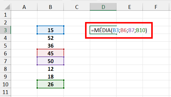 Sintaxe da função MÉDIA usando células não sequenciais