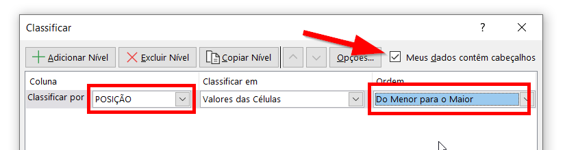 Classificação da posição do menor para o maior valor
