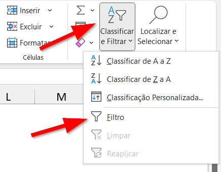 Clique em Classificar e Filtrar e depois em Filtro