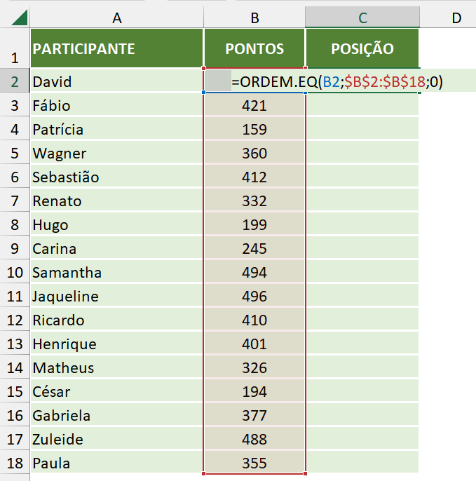 Função ORDEM para buscar as posições de acordo com os maiores valores