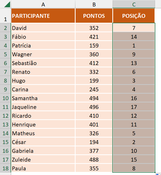 Função ORDEM sendo expandida por autopreenchimento em ordenamento crescente