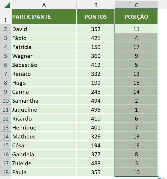 Função ORDEM sendo expandida por autopreenchimento em ordenamento decrescente