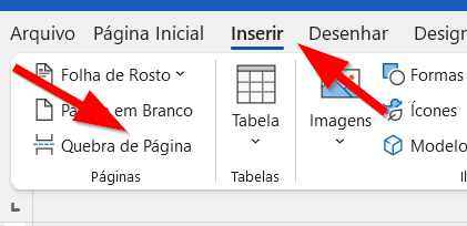 Clique em Inserir e depois em Quebra de página