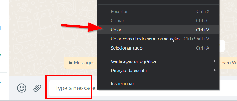 Clique na área de mensagem e depois em Colar