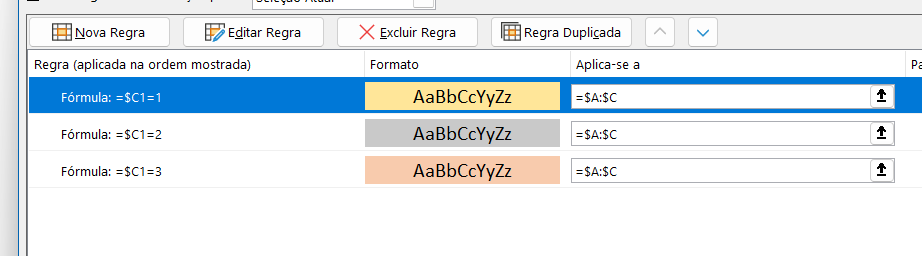 Regras de formatação para as três posições