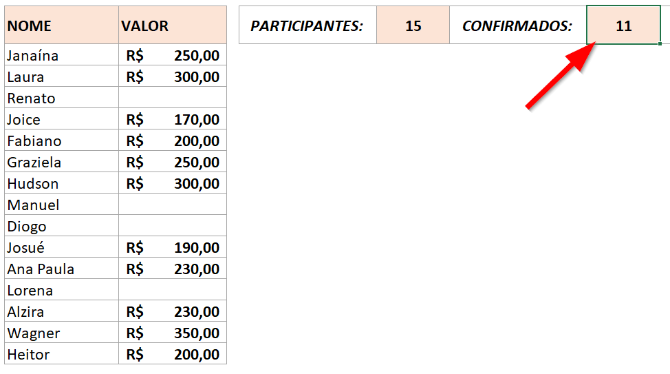 Resultado da função CONT.NÚM usando coluna inteira