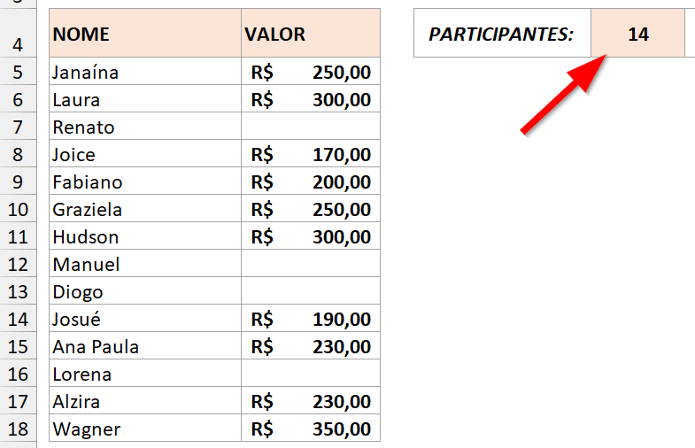 Resultado da função CONT.VALORES usando um intervalo