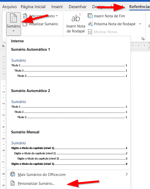 Acesse as opções de sumário pela guia Referências